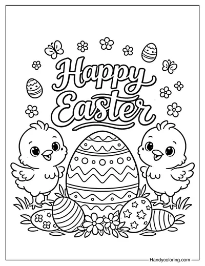 Happy Easter Chicks Coloring Page