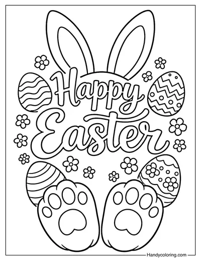Happy Easter with Bunny Feet and Eggs
