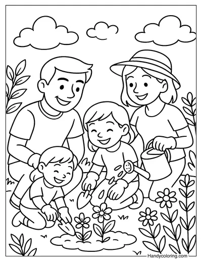 Happy Family Gardening Coloring Page