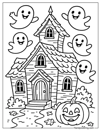 Happy Ghost Haunted House Coloring Page