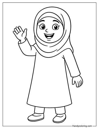 Happy Girl in Hijab Coloring Page