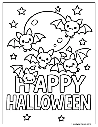 Happy Halloween with Bat and Moon Coloring Page