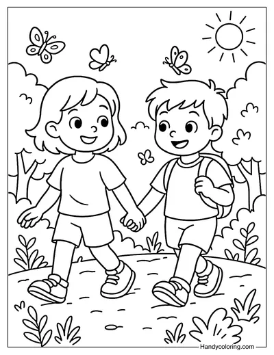 Happy Hiking Friends Coloring Page