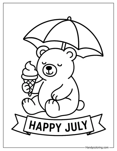 Happy July Bear Coloring Page