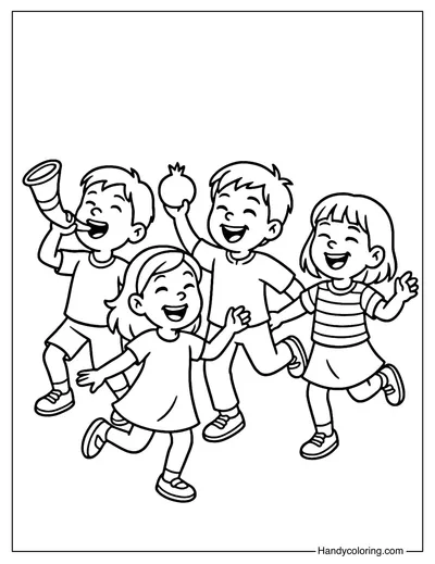 Happy Kids with Shofar Coloring Page