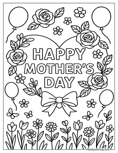 Happy Mother's Day Floral Heart Coloring Page