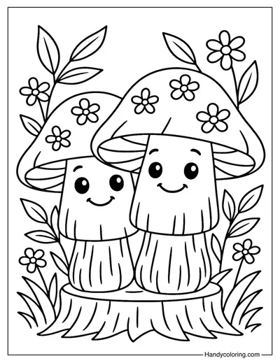 Happy Mushroom Duo Coloring Page