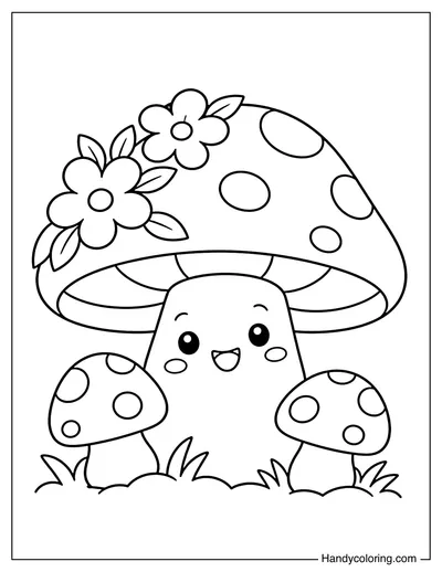 Happy Mushroom with Flowers and Tiny Mushrooms