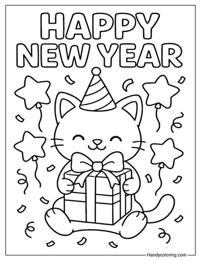 Happy New Year Cute Cat Coloring Page