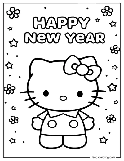 Happy New Year Hello Kitty Coloring Page Printable