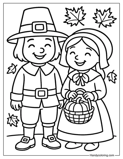 Happy Pilgrim Friends Coloring Page