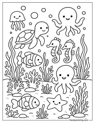 Happy Sea Creatures Coloring Page