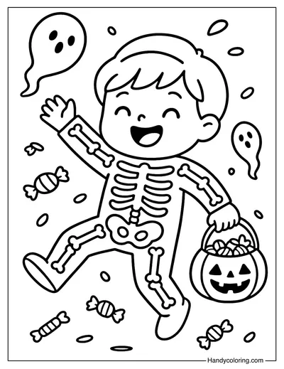 Happy Skeleton Trick or Treat Coloring Page