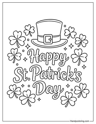 Happy St Patrick's Day Hat and Shamrocks Coloring Page