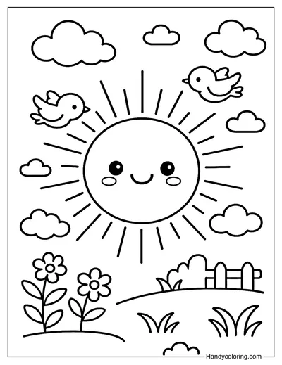 Happy Sun with Birds Coloring Page