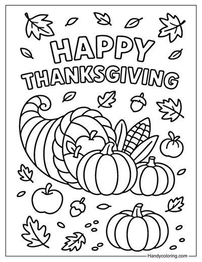 Happy Thanksgiving Cornucopia Coloring Page