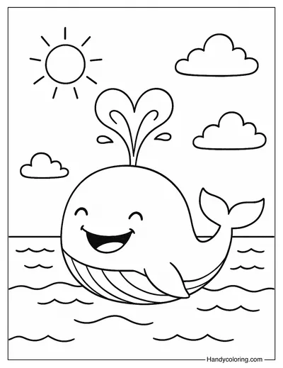 Happy Whale Splashing Water Coloring Page