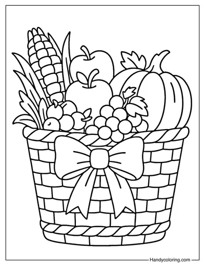Harvest Basket with Bow Coloring Page