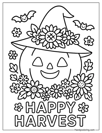 Harvest Pumpkin Witch Hat Coloring Page