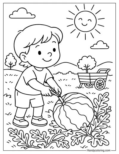 Harvesting Watermelon July Coloring Page
