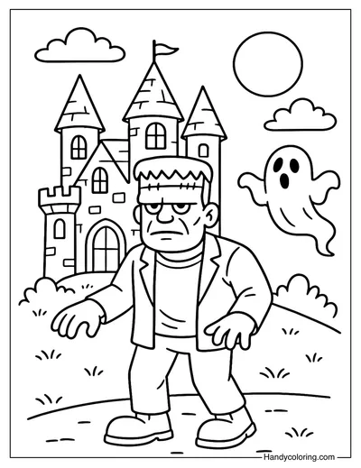Haunted Castle Frankenstein Coloring Page