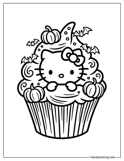 Haunted Cupcake Hello Kitty Coloring Page