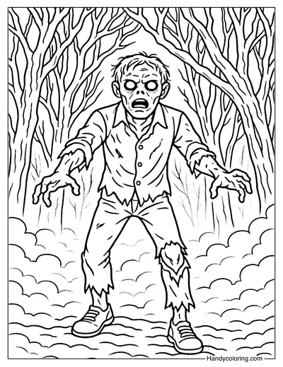 Haunted Forest Zombie Coloring Page