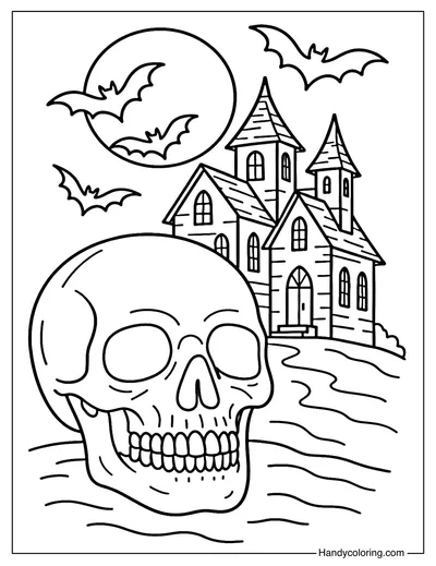 Haunted House Skull Coloring Page