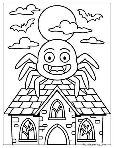 Haunted House Spider Coloring Page