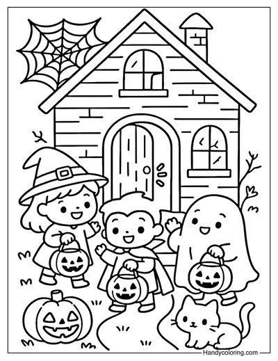 Haunted House Trick or Treat Coloring Page
