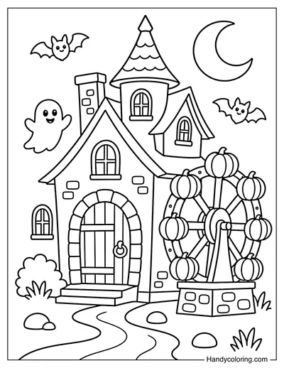 Haunted House with Pumpkin Waterwheel