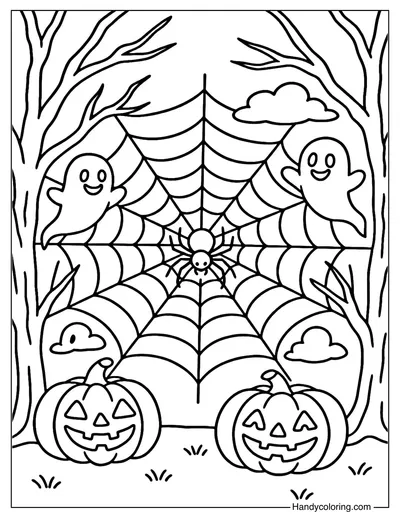 Haunted Pumpkin Spider Web Coloring Page