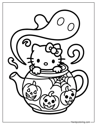 Haunted Teapot Hello Kitty Coloring Page