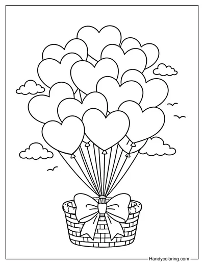 Heart Balloons with Basket Coloring Page