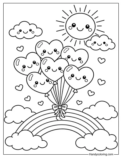 Heart Balloons with Rainbow Coloring Page