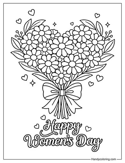 Heart Flower Bouquet Coloring Page Women's Day