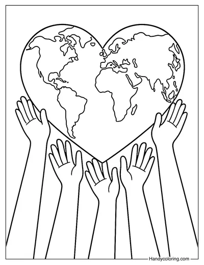 Heart Shaped Earth and Hands Coloring Page