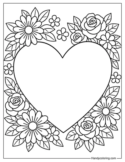Heart with Flowers Love Coloring Page