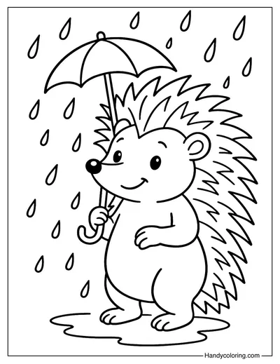 Hedgehog and Rain Coloring Page