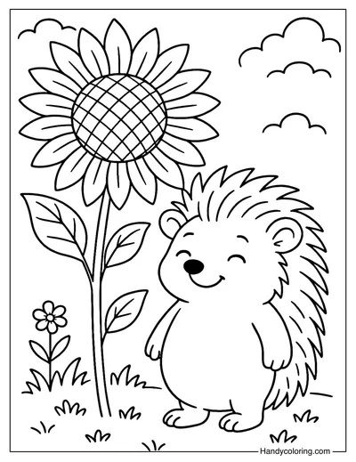 Hedgehog and Sunflower Coloring Page