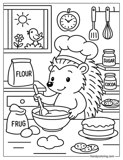 Hedgehog Baking Coloring Page