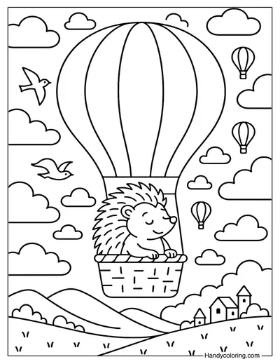 Hedgehog Balloon Ride Coloring Page