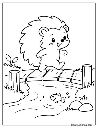 Hedgehog Crossing a Tiny Wooden Bridge