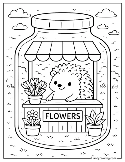 Hedgehog Flower Shop in a Jar Coloring Page