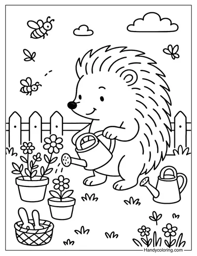 Hedgehog Gardening Coloring Page