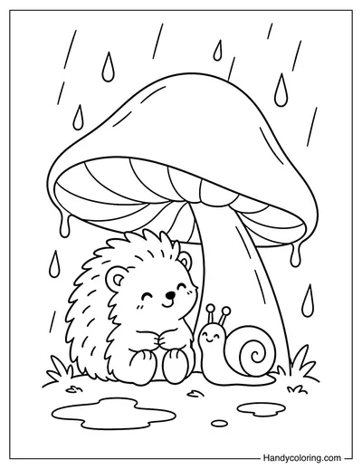 Hedgehog Sheltering Under a Giant Mushroom