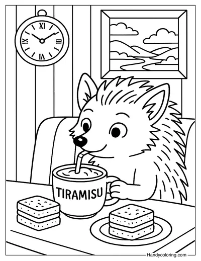 Hedgehog Sipping Coffee Free Coloring Page