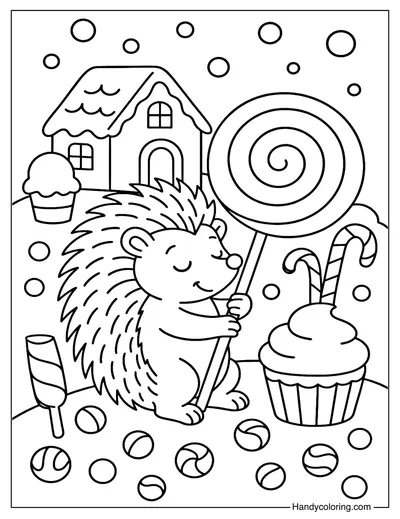 Hedgehog with Candy Coloring Page