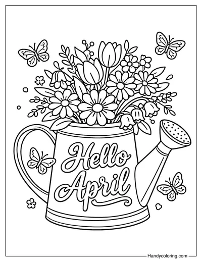 Hello April Watering Can Coloring Page
