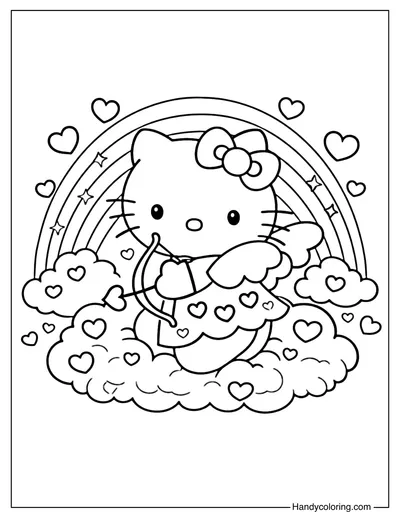 Hello Kitty Cupid on Rainbow Cloud Coloring Page